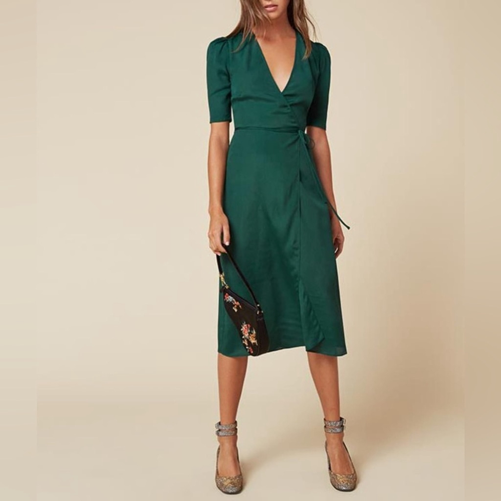 Reformation Marta Green Viscose Surplice Wrap Dress Mini Puff 1/2 Sleeves XS - Picture 2 of 8